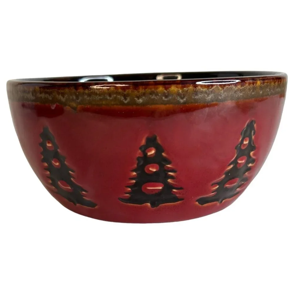 2 Woodland Home Studio Red Ceramic Cereal Bowls Bear & Pine Tree Design‎ Soup